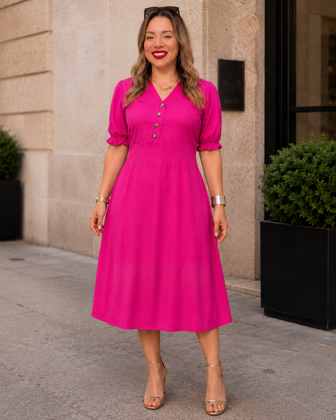 Vestido midi con botones y manga corta®