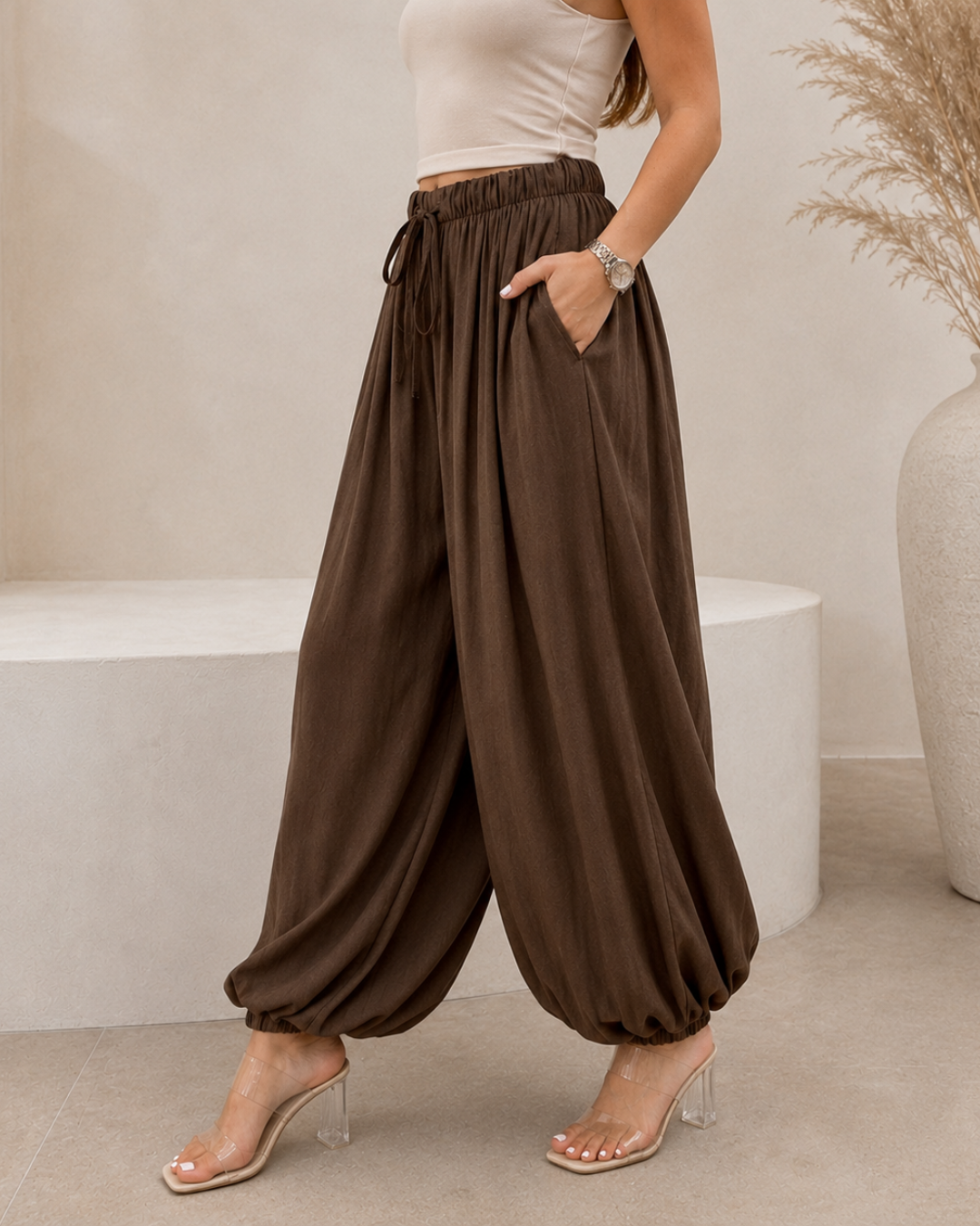 Pantalón Bombacho Fluido con Cintura Ajustable