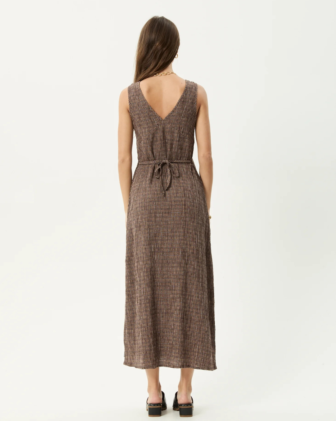 Vestido Largo sin Mangas con Escote en V y Estampado de Cuadro
