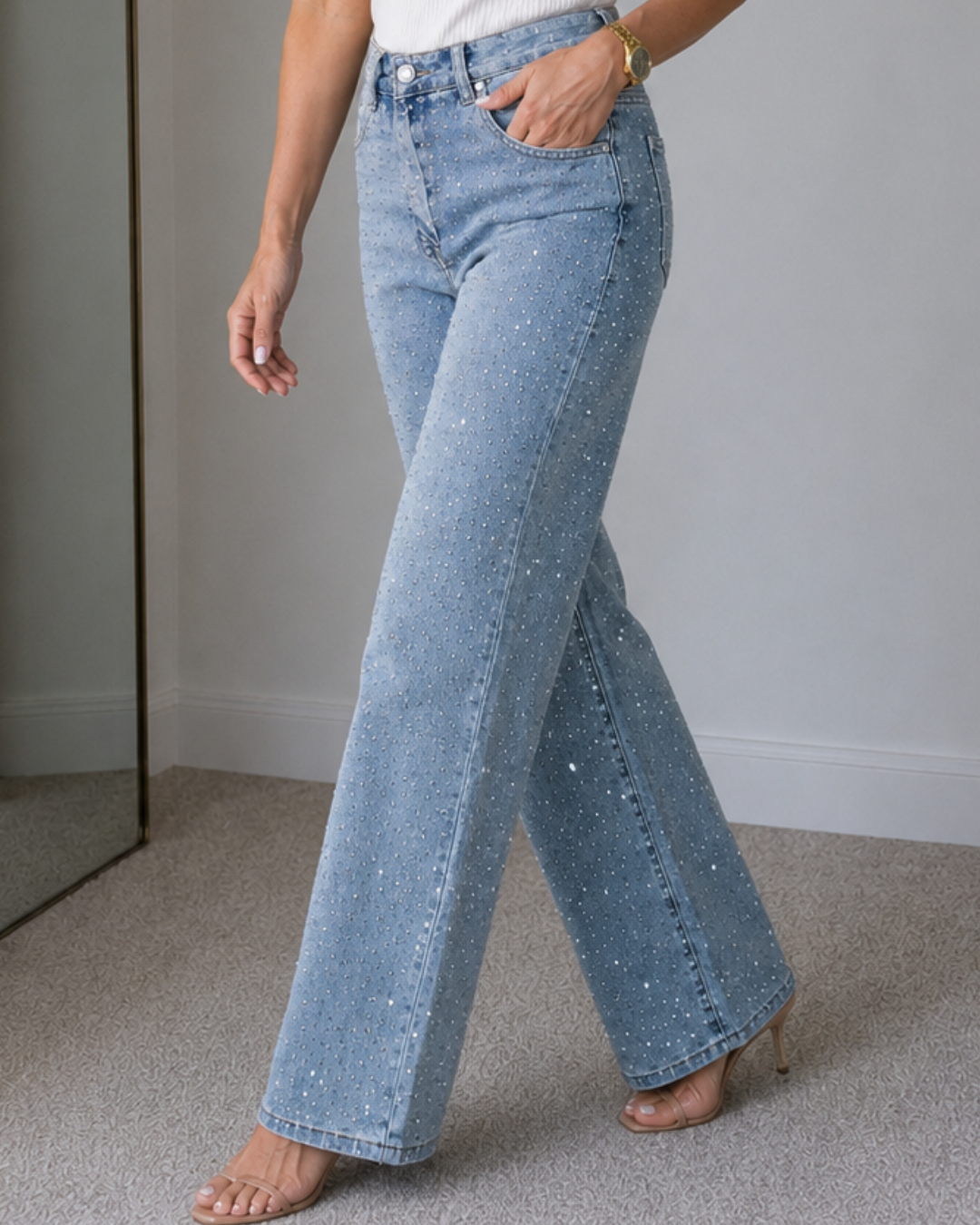 Pantalón de Corte Recto y Cintura Alta con Detalles Brillantes